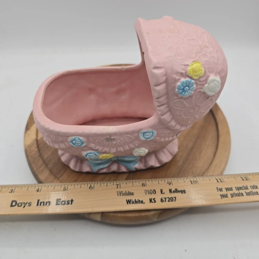 VTG Baby Bassinet Planter Sankyo ROCKABYE BABY Music Box WORKS Pink Japan